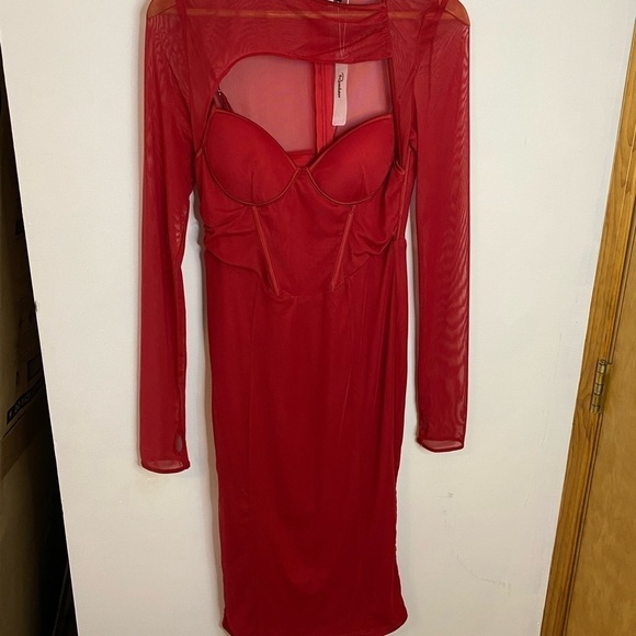 NWT Rosedress Red Corset Top Mesh Long Sleeve Midi Dress - Picture 6 of 13
